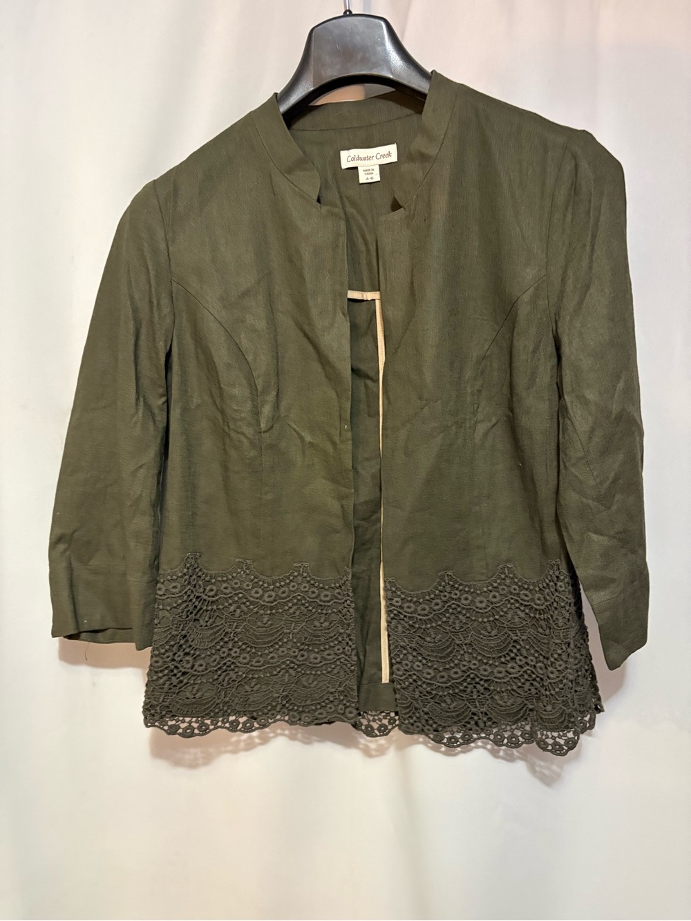 Coldwater Creek Olive Open Crochet-Hem Blazer